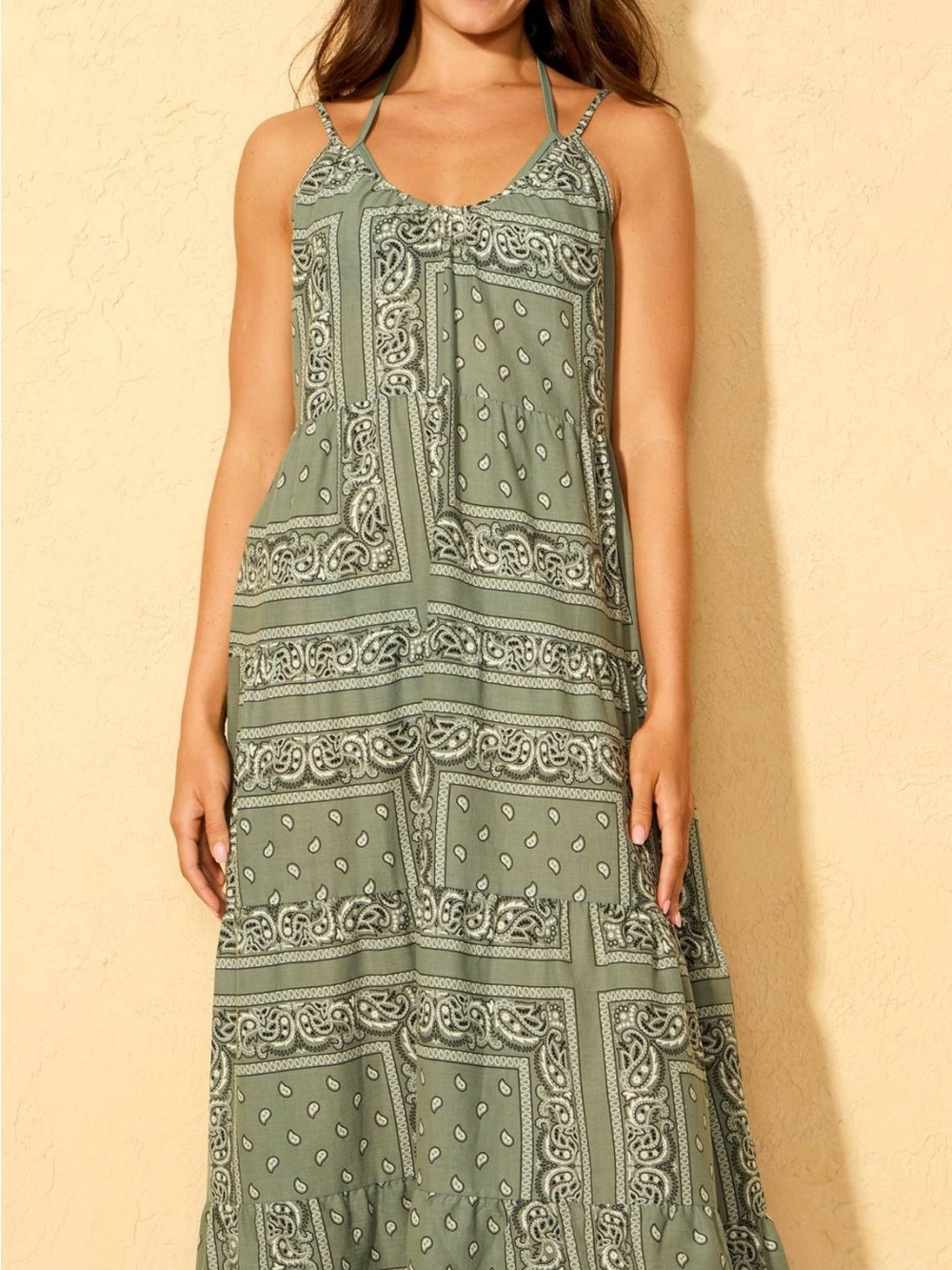 Sleeveless Olive Bandana Print Maxi Dress
